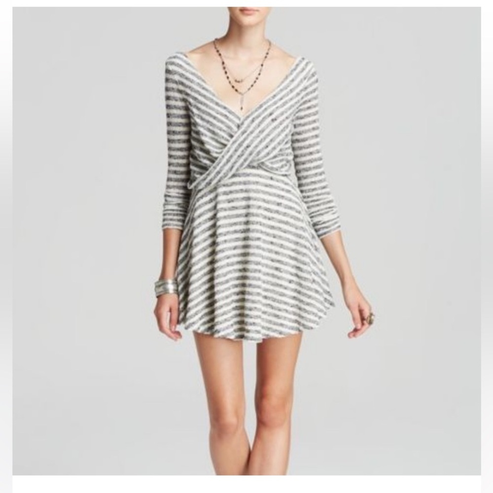 Free People White and Marled Black Deep V Sweater Mini Dress